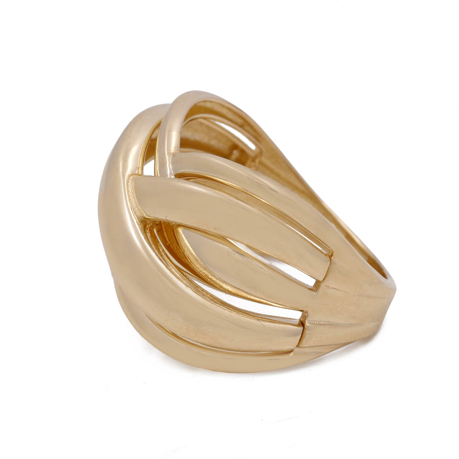 Miral Jewelry's 14K yellow gold women's fashion ring with a bold, intertwined design on a white background.