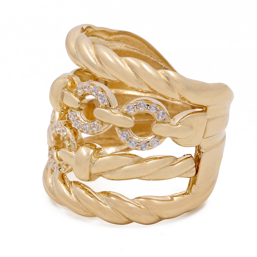 Miral Jewelry's 14K Yellow Gold Fashion Women's Ring with Cubic Zirconias features an interwoven design and cubic zirconia accents.