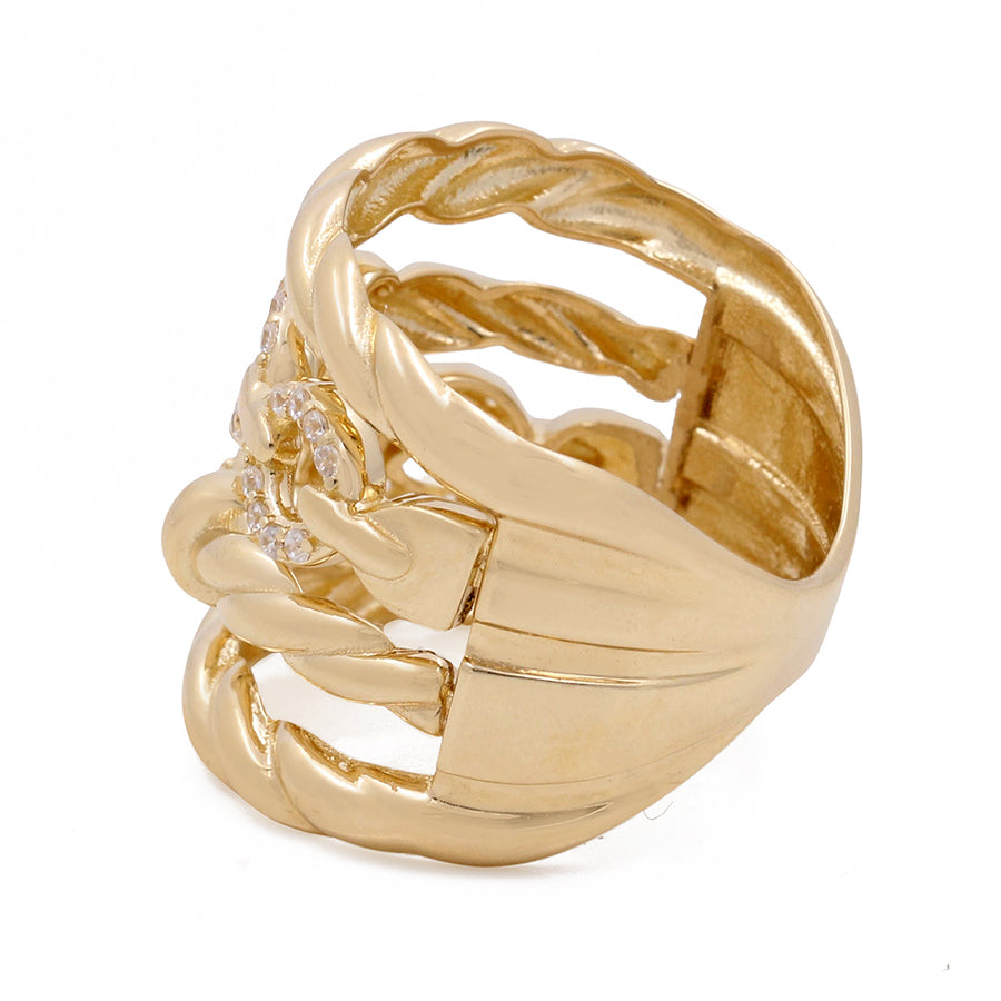Miral Jewelry's 14K Yellow Gold Fashion Women's Ring with Cubic Zirconias features a braided design and embedded Cubic Zirconias.