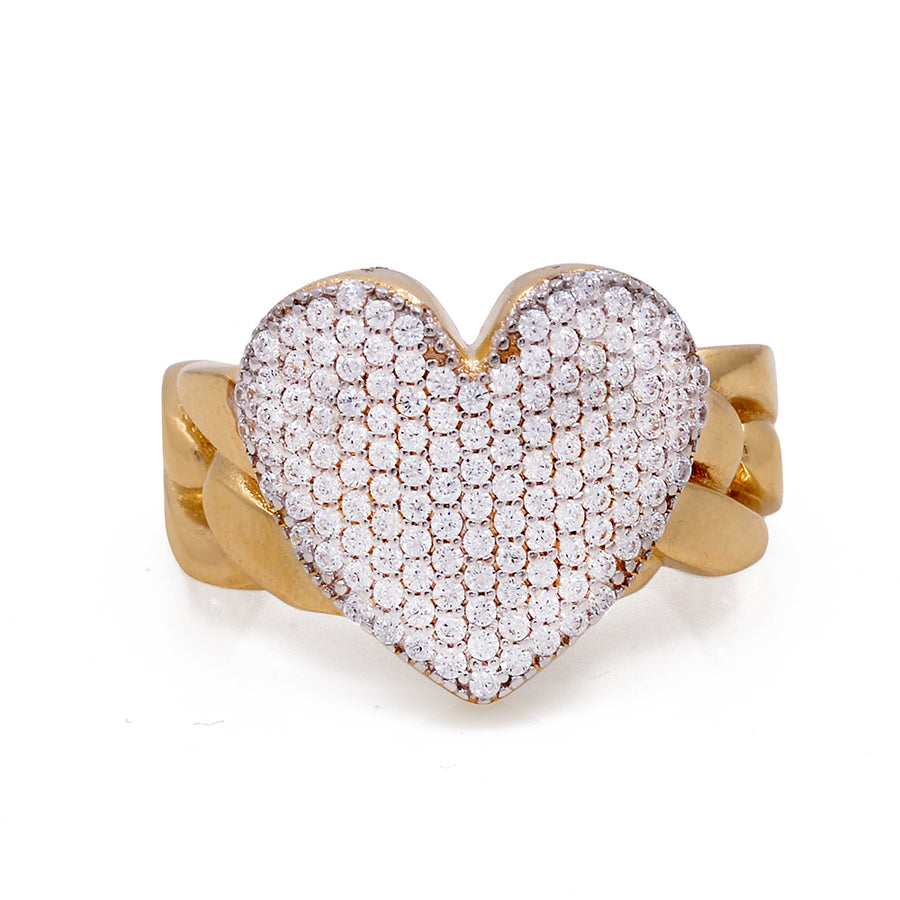 Miral Jewelry's 14K Yellow Gold Fashion Heart Women's Ring with Cubic Zirconias features a heart-shaped top encrusted with small cubic zirconias.