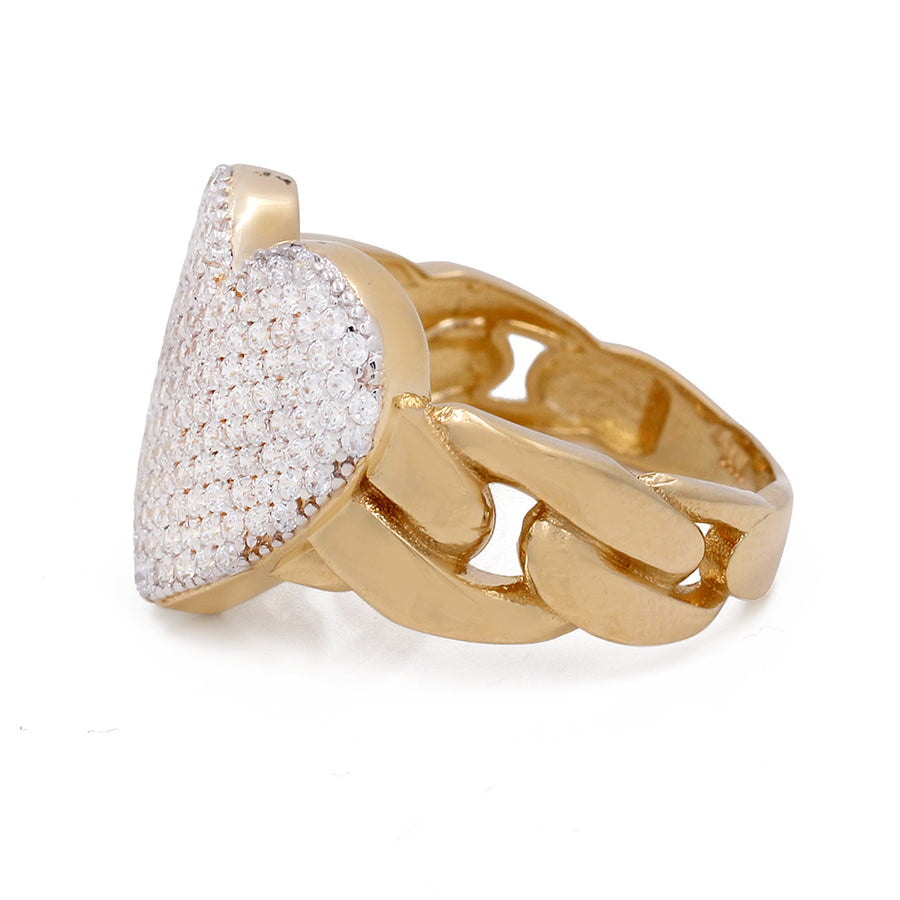 Miral Jewelry's 14K Yellow Gold Fashion Heart Women's Ring with Cubic Zirconias features a heart-shaped pave setting.