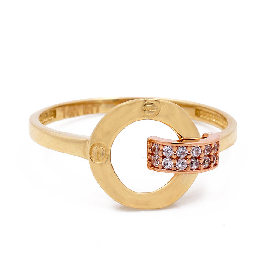 Women's Fashion Ring with a circular design and a band of inset Cubic Zirconias: Miral Jewelry's 14K Yellow and Rose Gold Fashion Women's Ring with Cubic Zirconias.