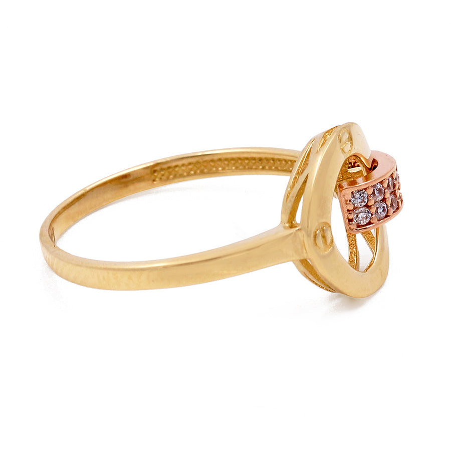 Miral Jewelry presents a 14K Yellow and Rose Gold Fashion Women's Ring with Cubic Zirconias featuring a heart-shaped design and pink accents.
