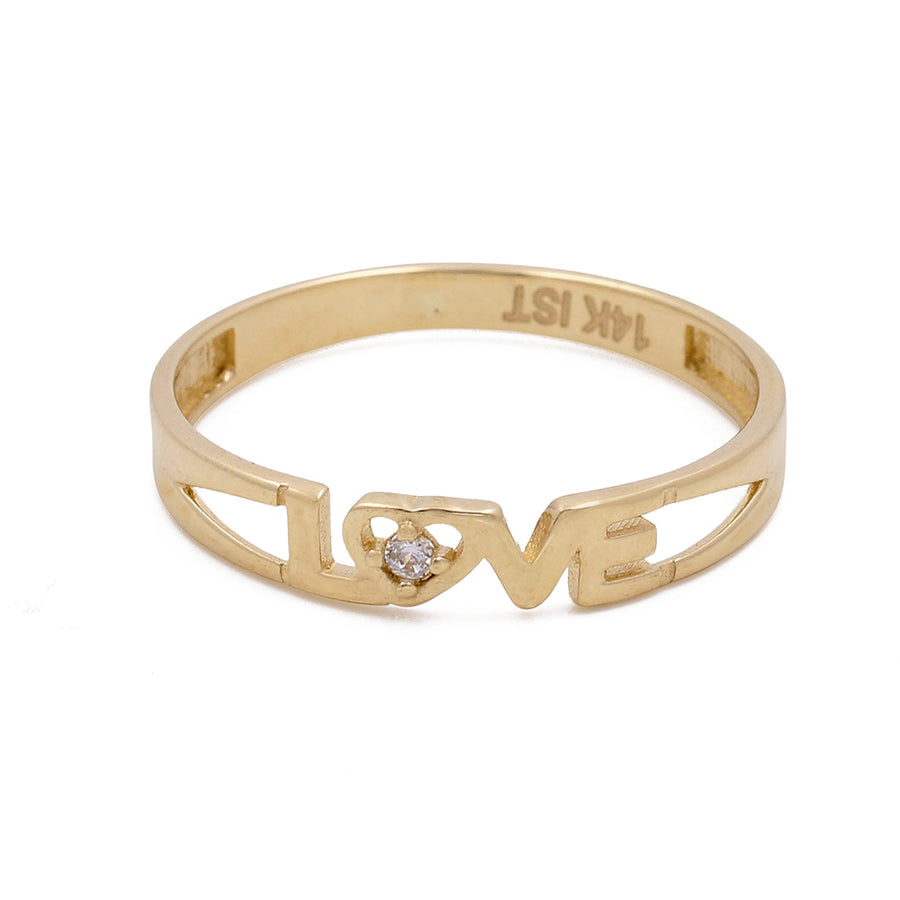 Miral Jewelry 14K Yellow Gold Fashion Love Women's Ring with Cubic Zirconias features a single cubic zirconia.