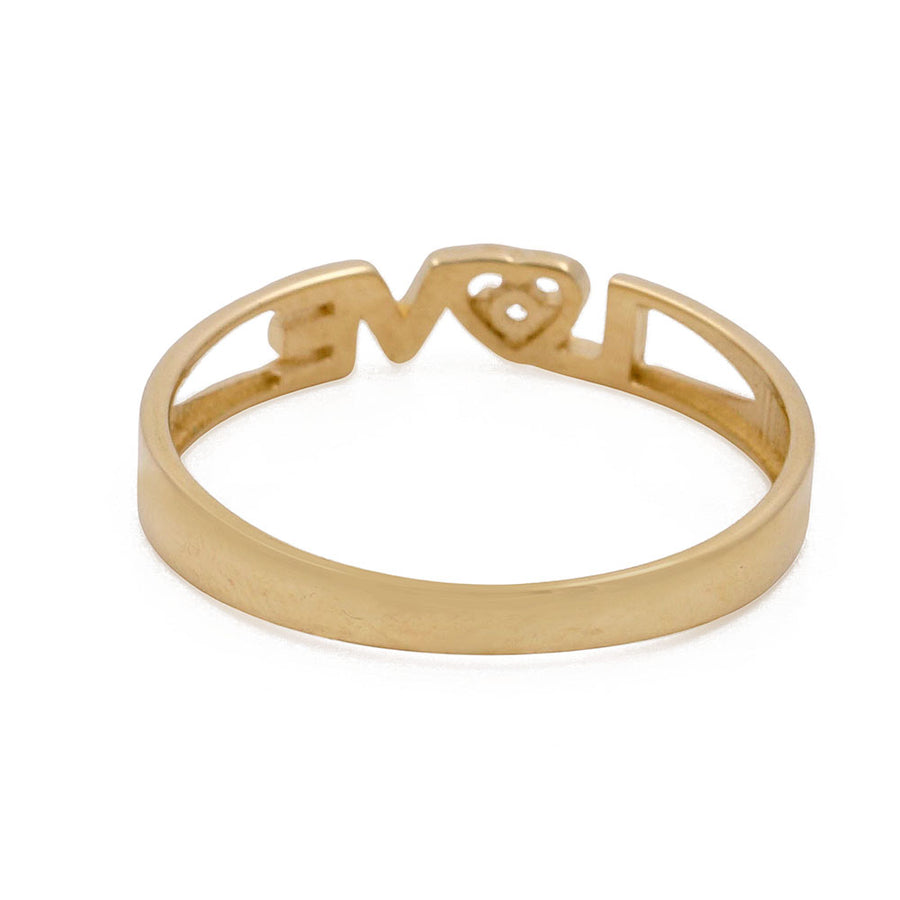 Miral Jewelry's 14K Yellow Gold Fashion Love Women's Ring with Cubic Zirconias features a 'love' cutout design in gold tones.