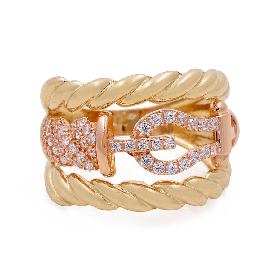 Miral Jewelry's Women's Fashion Ring: 14K Yellow Gold and rose-gold belt buckle style ring with diamond accents.