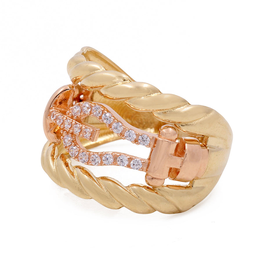Miral Jewelry's 14K Yellow Gold Fashion Women's Ring with Cubic Zirconias features twisted design and pavé accents.