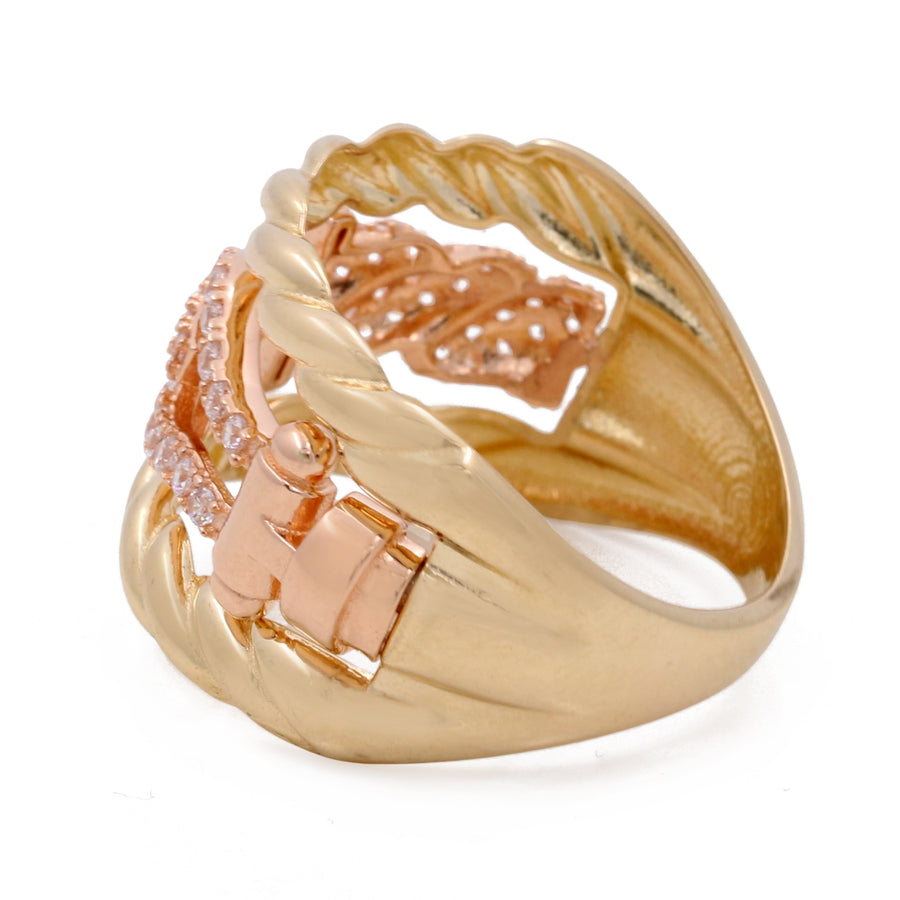 Miral Jewelry's 14K Yellow Gold Fashion Women's Ring with Cubic Zirconias and rose gold intertwined ring.