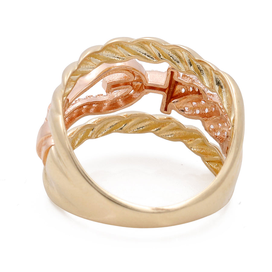 Miral Jewelry's 14K Yellow Gold Fashion Women's Ring with Cubic Zirconias features an intricate leaf design.