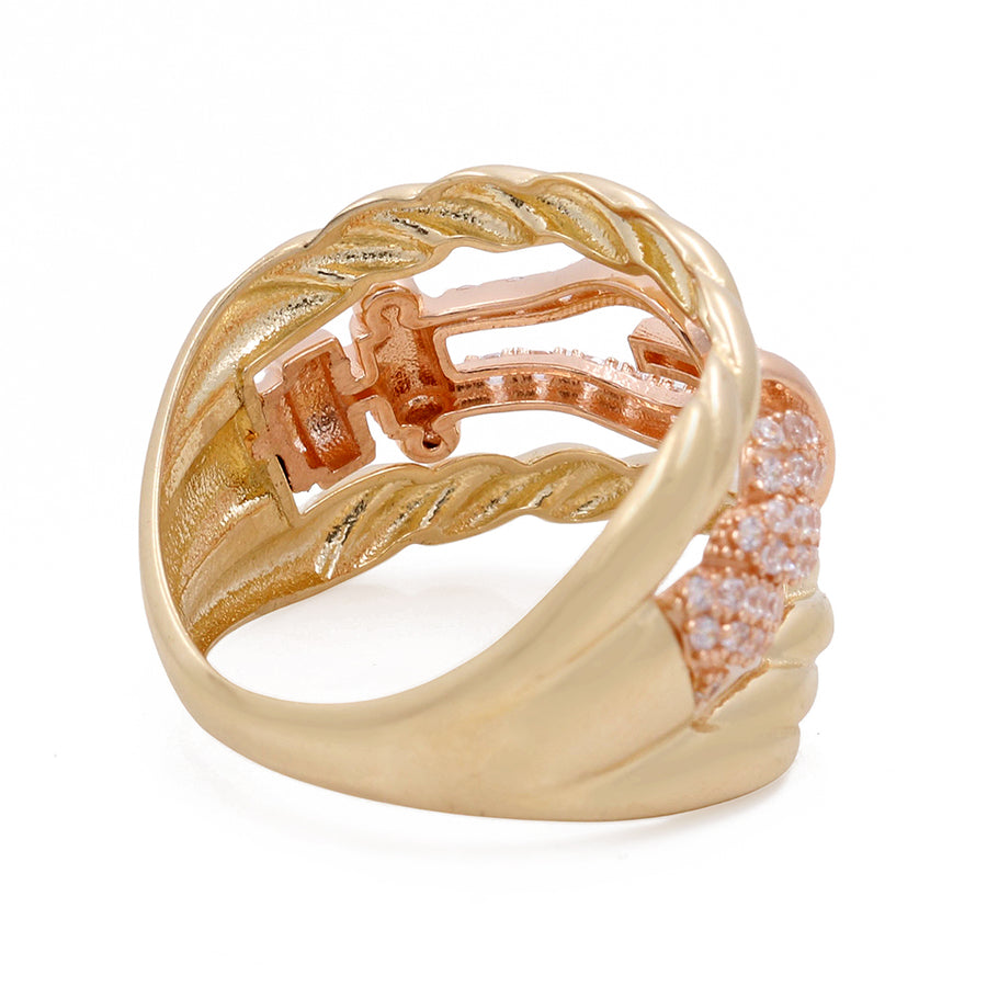 Miral Jewelry's 14K Yellow Gold Fashion Women's Ring with Cubic Zirconias features an intricate band design and small Cubic Zirconias on a white background.
