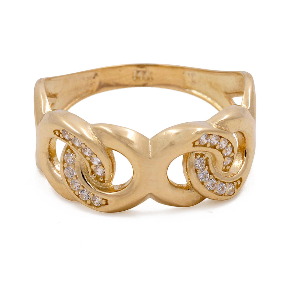 Miral Jewelry's 14K Yellow Gold Fashion Butterfly Women's Ring with Cubic Zirconias features an abstract design with embedded cubic zirconia.