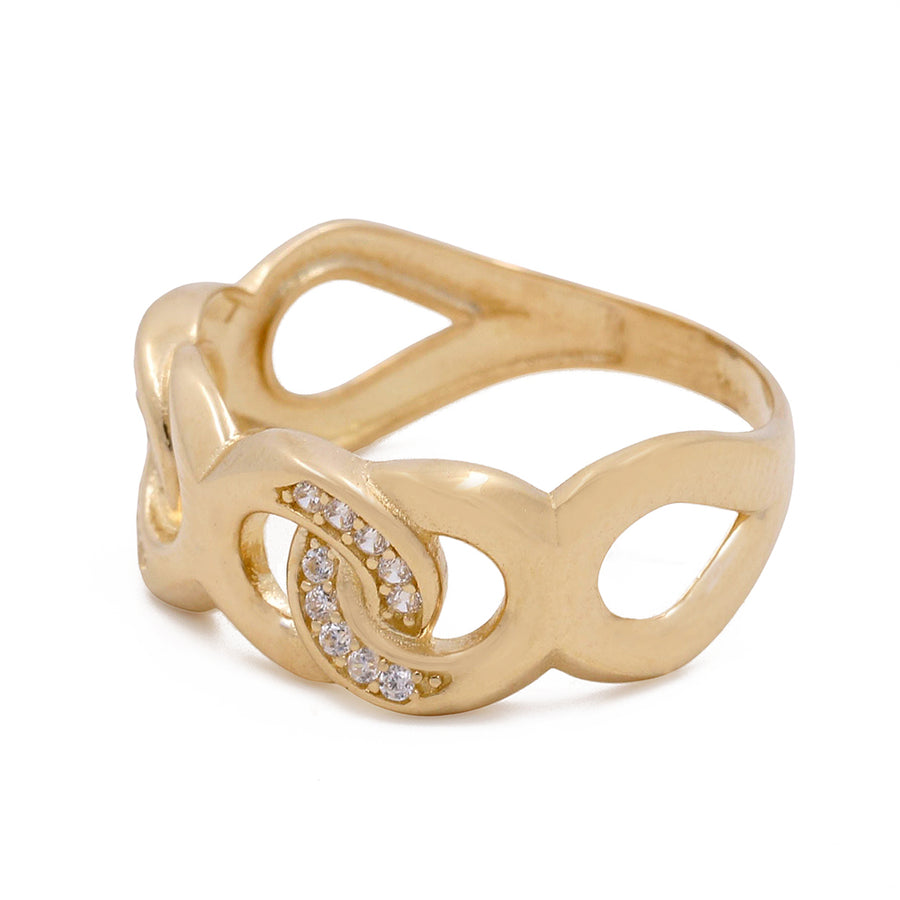 Miral Jewelry's 14K Yellow Gold Fashion Butterfly Women's Ring with Cubic Zirconias featuring diamond accents and an infinity symbol.