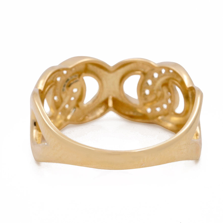 Miral Jewelry's 14K Yellow Gold Fashion Butterfly Women's Ring with Cubic Zirconias features an openwork infinity symbol design on a white background.