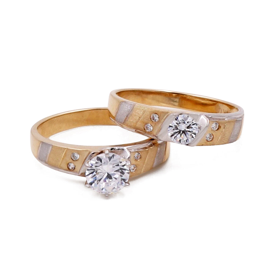 Two Miral Jewelry 14K Yellow and White Gold Bridal Sets with Cubic Zirconias on a white background.