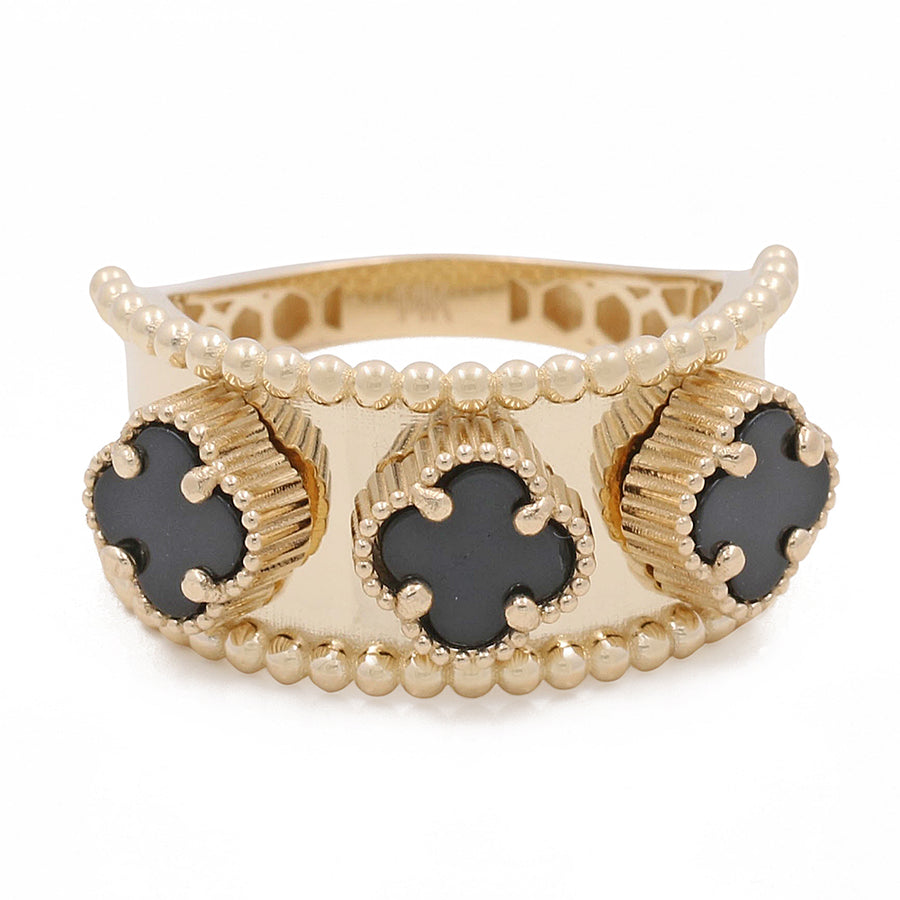 14K Yellow Gold Onyx Flowers Ring featuring pearl borders and three large black stones set in Miral Jewelry designs.