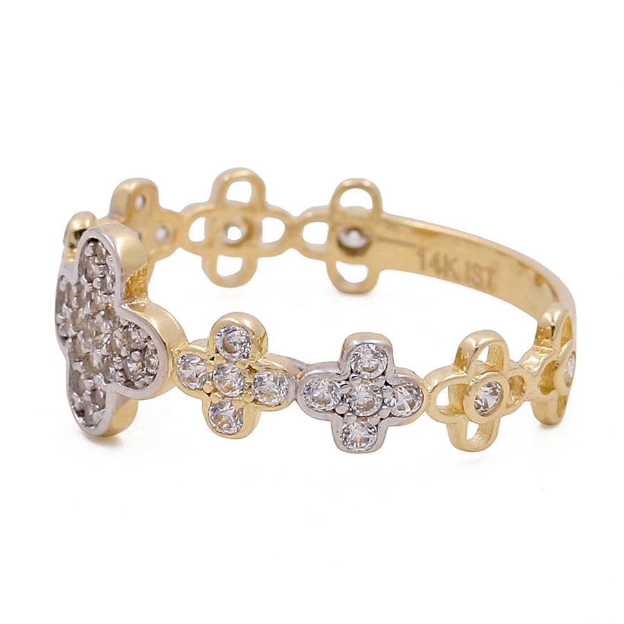 14K Yellow and White Gold Flowers Ring with intricate floral designs, embellished with small diamonds, crafted from 14K yellow gold by Miral Jewelry.