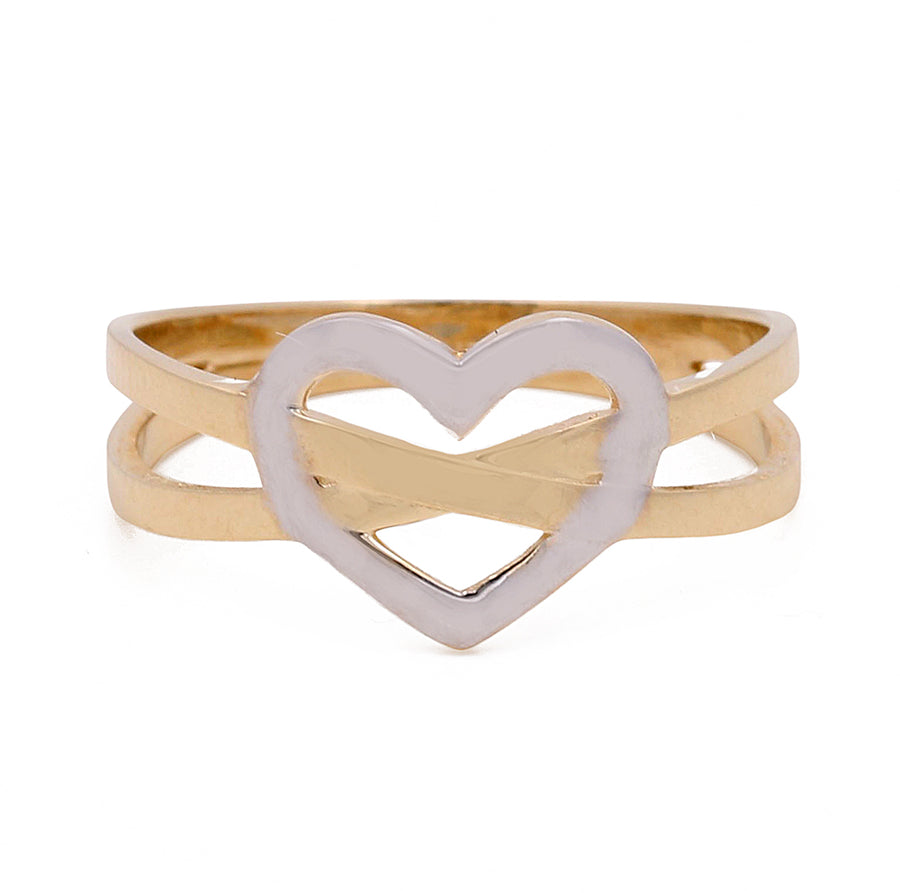 Miral Jewelry's 14K Yellow and White Gold Heart Ring with a heart-shaped design featuring a silver heart overlay, displayed against a white background, epitomizing luxury jewelry.