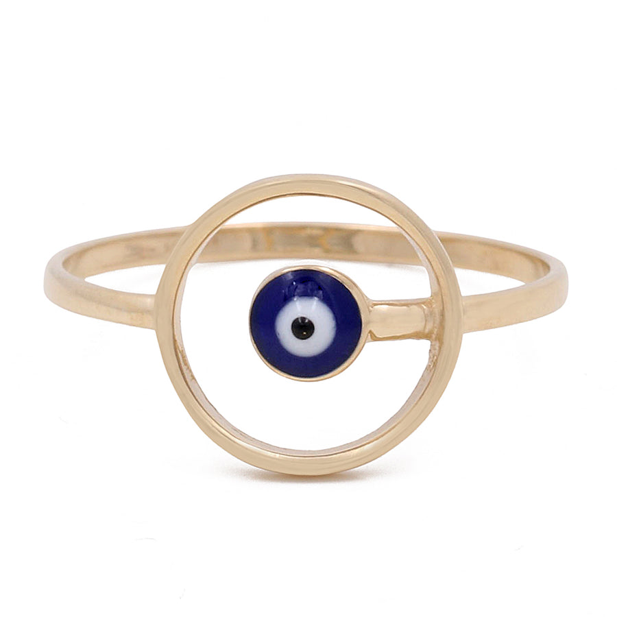 Miral Jewelry 14K Yellow Gold Blue Evil Eye Ring featuring a circular frame with a central blue and white evil eye design on a 14K yellow gold background.