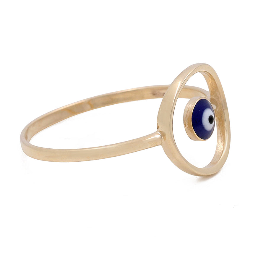 Miral Jewelry 14K Yellow Gold Blue Evil Eye Ring with a triangular setting holding a blue and white evil eye design, accented with cubic zirconias, isolated on a white background.