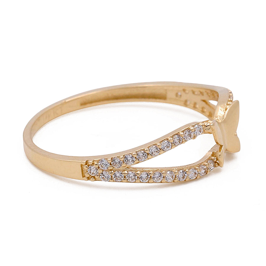 Miral Jewelry's 14K Yellow Gold Butterfly Ring with Cubic Zirconias, isolated on a white background.