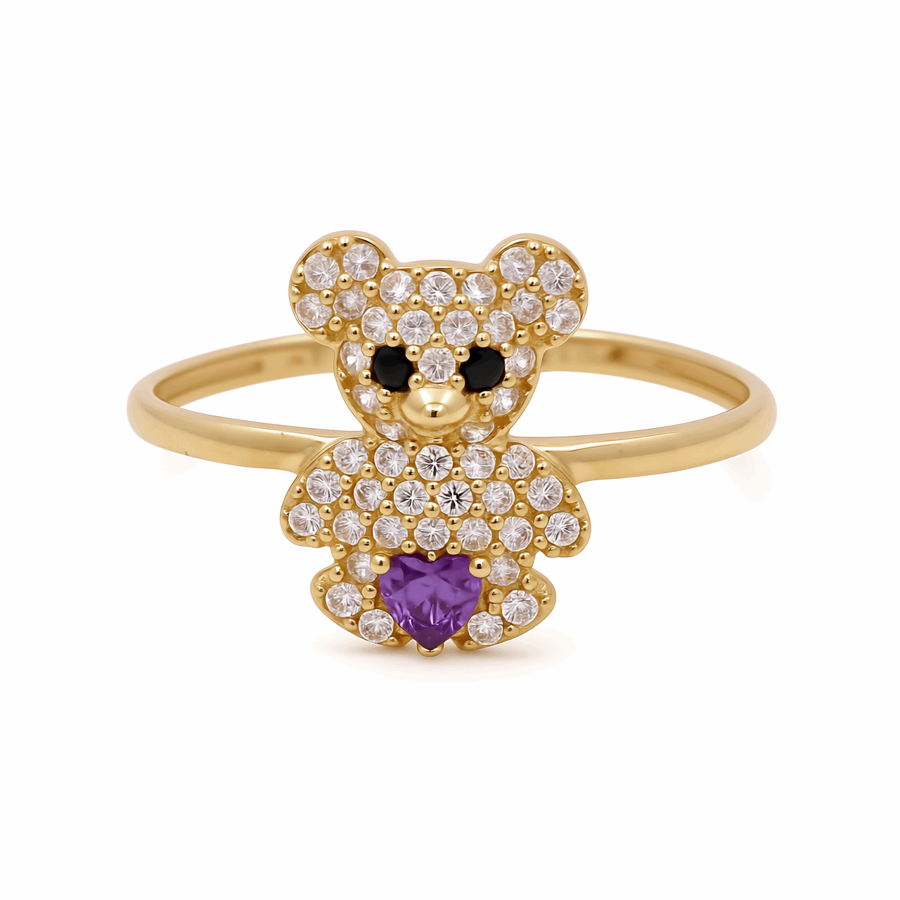 14K Yellow Gold  Bear with Purple Cz Fashion Women's Ring