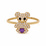 14K Yellow Gold  Bear with Purple Cz Fashion Women's Ring
