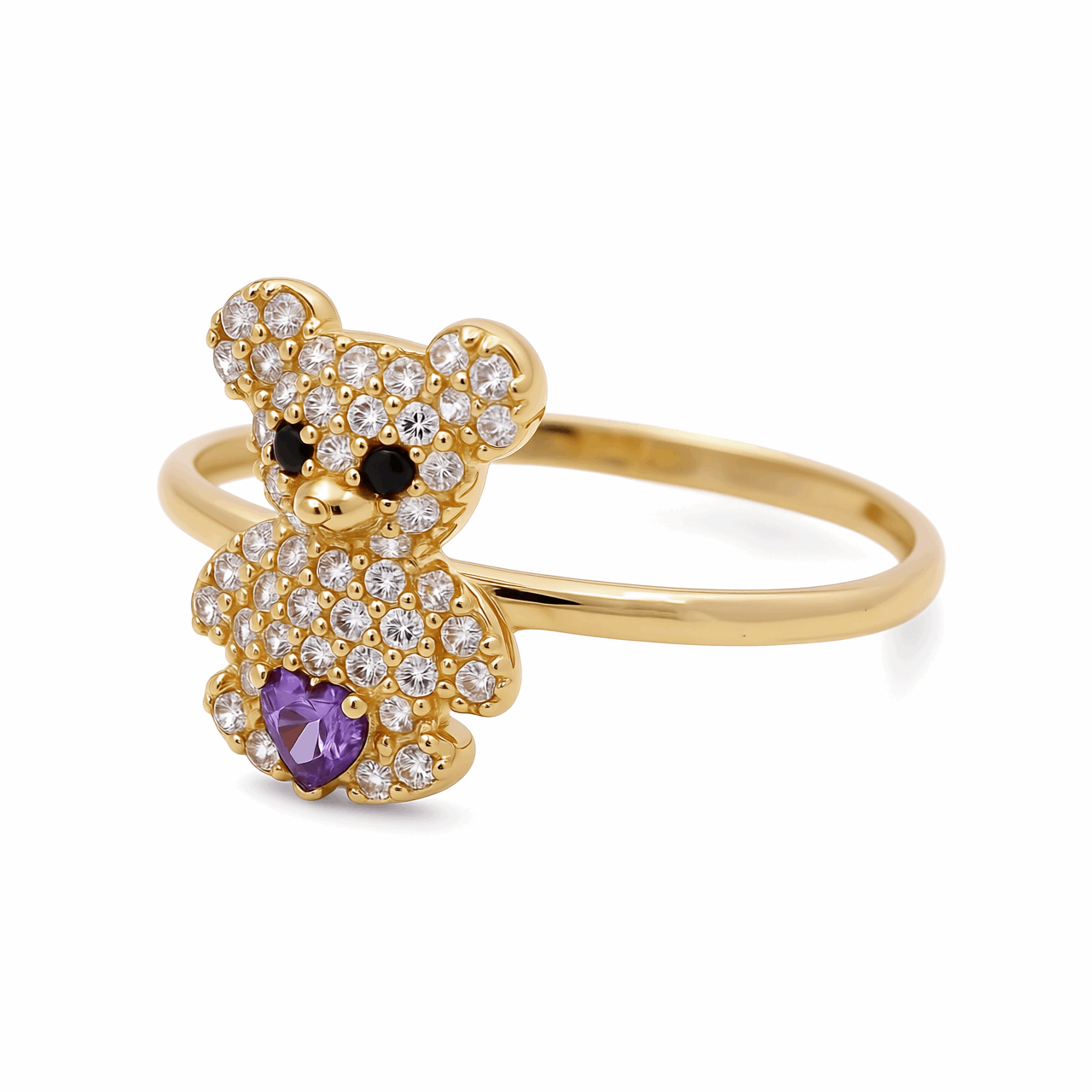 14K Yellow Gold  Bear with Purple Cz Fashion Women's Ring