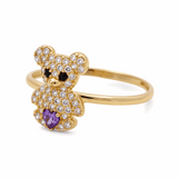 14K Yellow Gold  Bear with Purple Cz Fashion Women's Ring