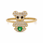 14K Yellow Gold  Bear with Green Cz Fashion Women's Ring