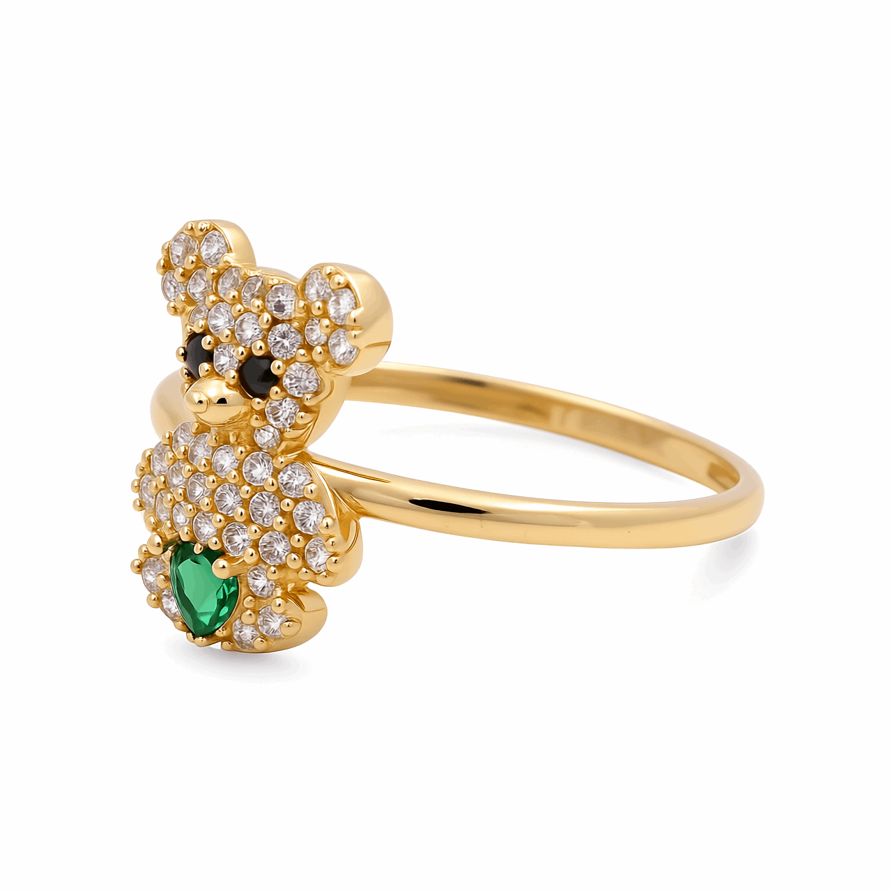 14K Yellow Gold  Bear with Green Cz Fashion Women's Ring