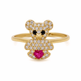14K Yellow Gold  Bear with Pink Cz Cz Fashion Women's Ring
