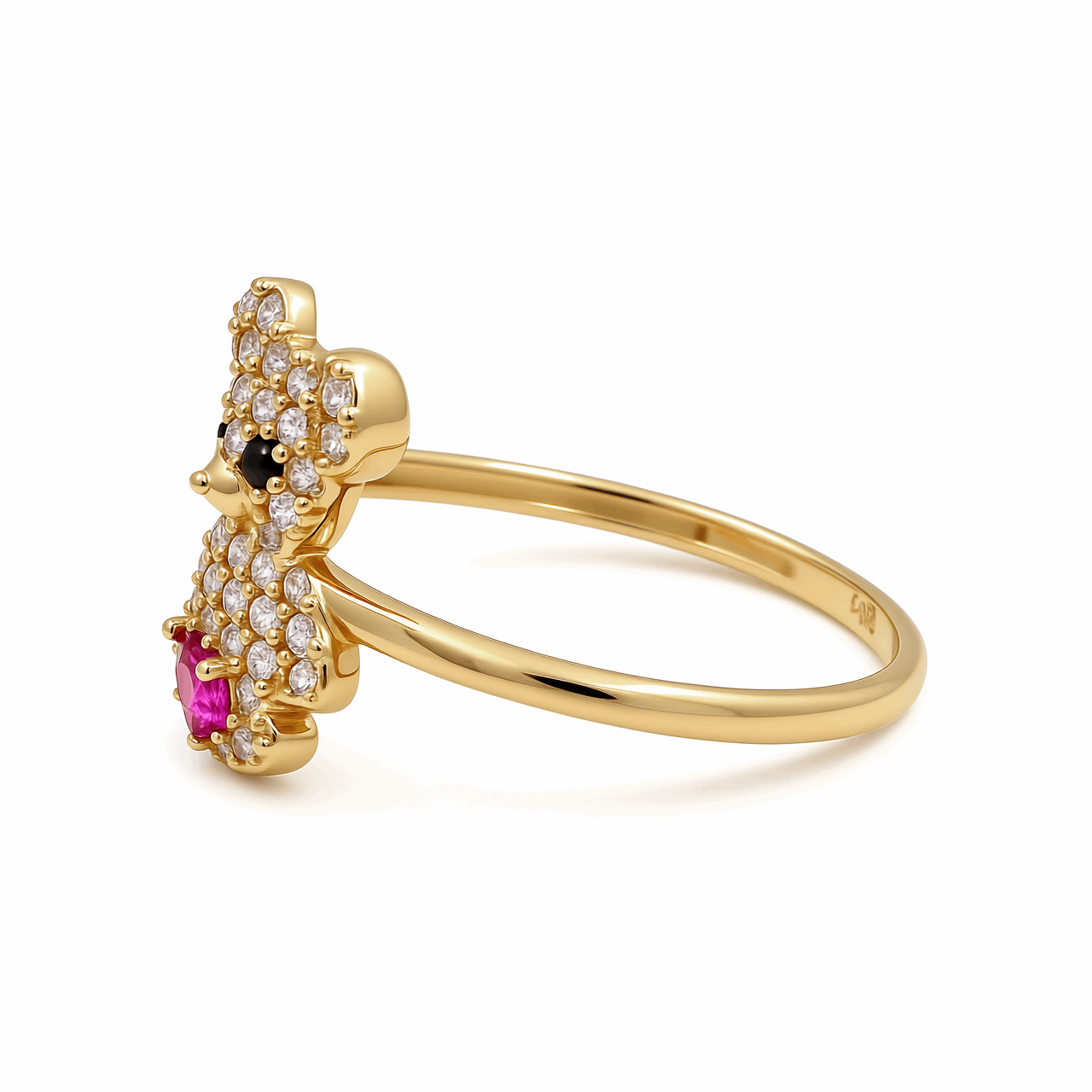 14K Yellow Gold  Bear with Pink Cz Cz Fashion Women's Ring