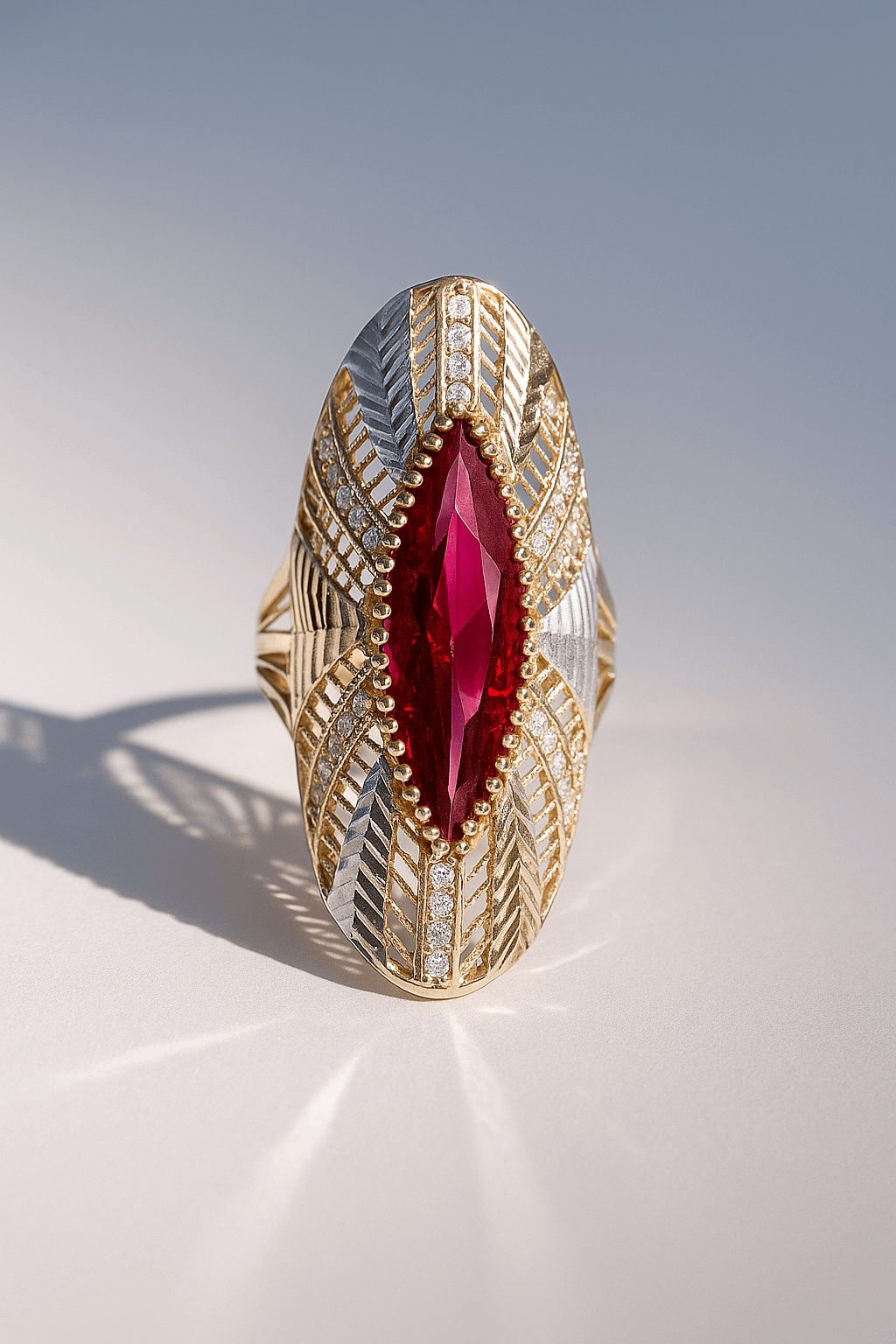 14K Two Tone White/Yellow Red Marquise Fashion Women's Ring