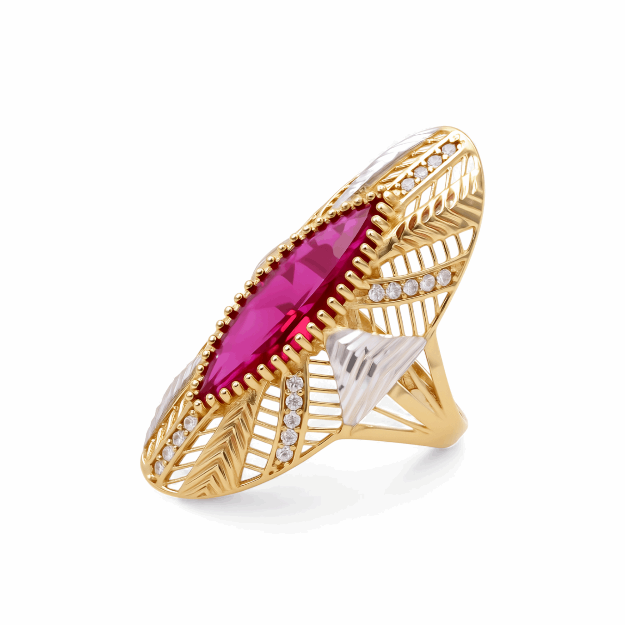 14K Two Tone White/Yellow Red Marquise Fashion Women's Ring