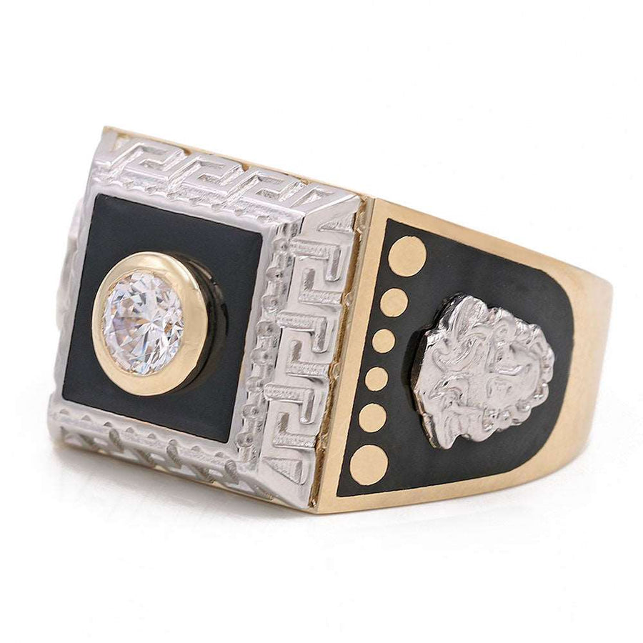 A statement piece, a Men's Miral Jewelry Yellow Gold 14k Fashion Ring With Onyx that features a diamond in the center.