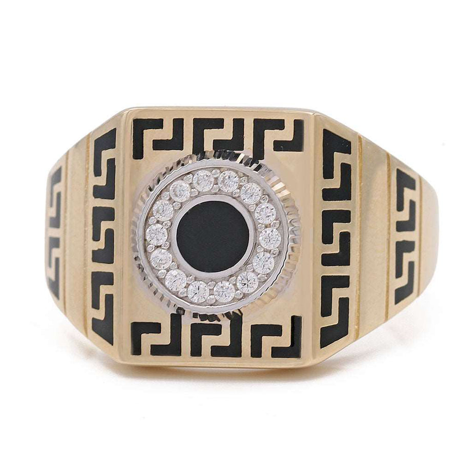 A Miral Jewelry yellow gold men's fashion ring with black onyx and white CZ diamonds.