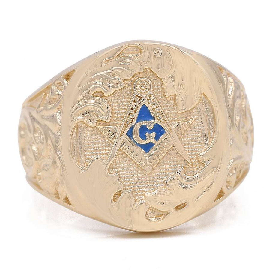 A luxurious Miral Jewelry 14k Yellow Gold Mason Ring featuring the iconic masonic symbol.