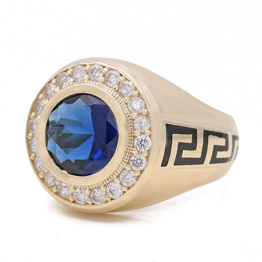 A Yellow Gold 14k Fashion Ring With Blue Cz by Miral Jewelry, with diamonds.