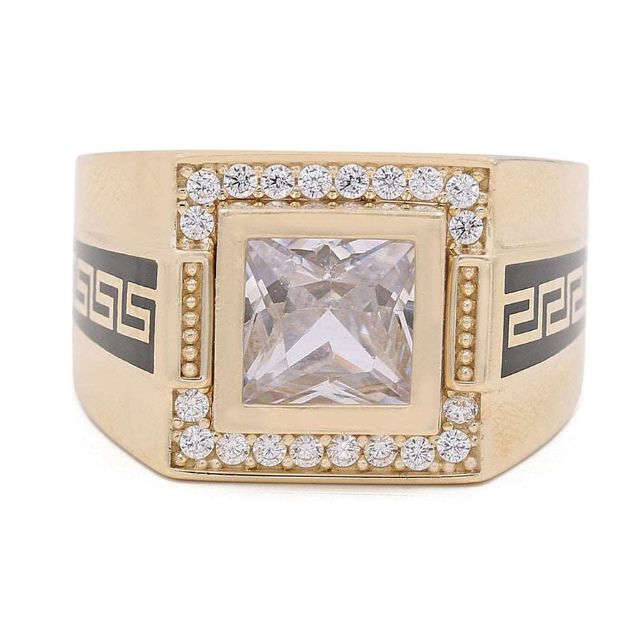 A Miral Jewelry men's fashion ring featuring a Yellow Gold 14k Fashion Ring With Cz band adorned with a brilliant square stone and accent diamonds.