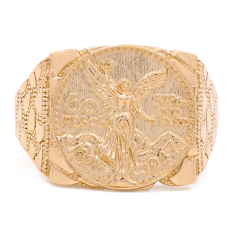 A Miral Jewelry 14K Yellow Gold Liberty 50 Pesos ring featuring an image of an angel and a coin, making it a fashionable statement piece.