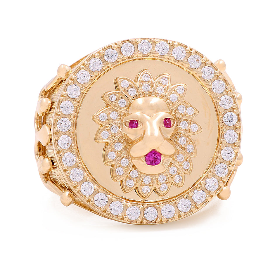 A Miral Jewelry 14K Yellow Gold Lion in Ring with Pink Stones and Cubic Zirconias.