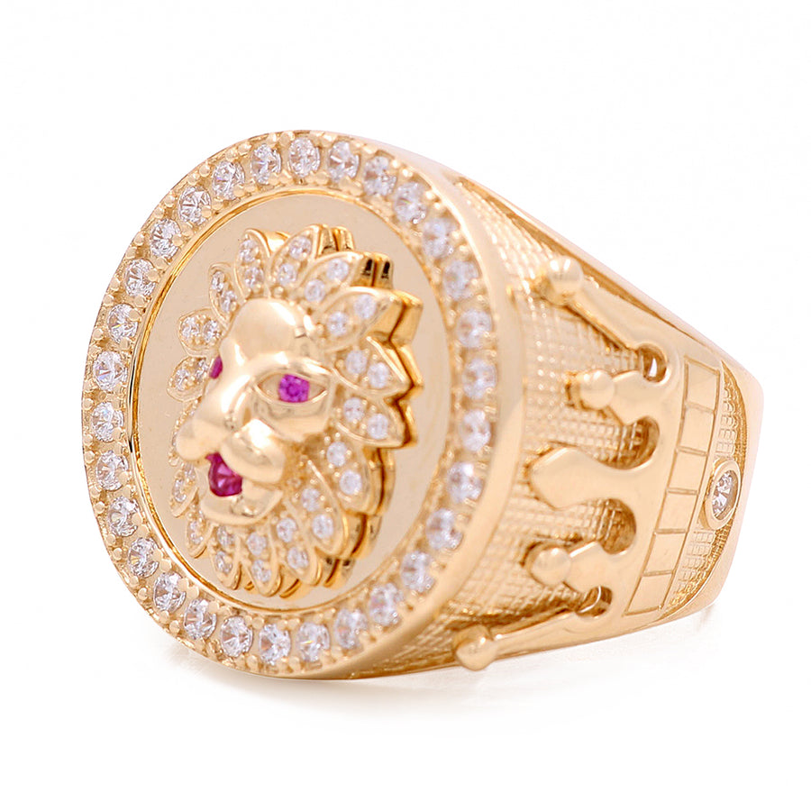 A Miral Jewelry 14K Yellow Gold Lion in Ring with Pink Stones and Cubic Zirconias, perfect for adding a touch of regal elegance to your jewelry collection.