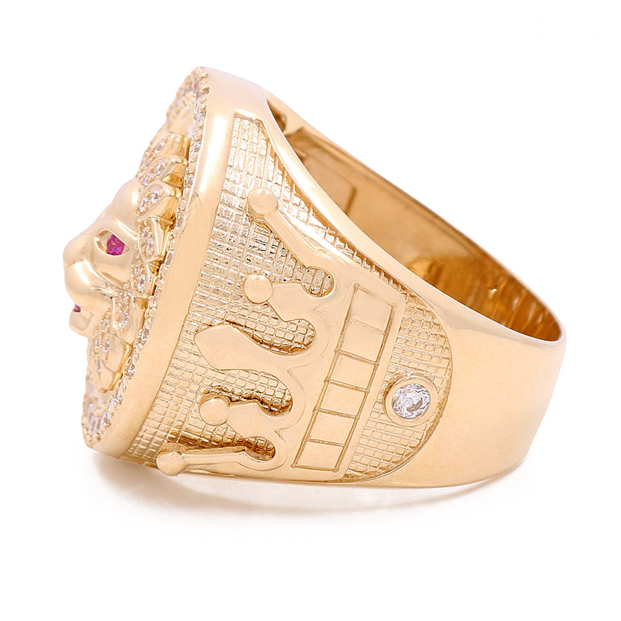 A Miral Jewelry 14K Yellow Gold Lion in Ring with Pink Stones and Cubic Zirconias.