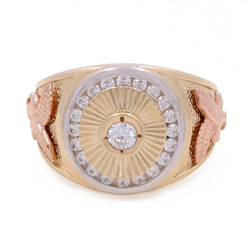 Miral Jewelry 14K Yellow and Rose Gold Men's Fashion Ring with a round diamond center, surrounded by smaller diamonds and intricate bird engravings on the sides—a stunning men's ring that serves as both a fashion ring and a timeless men's accessory.