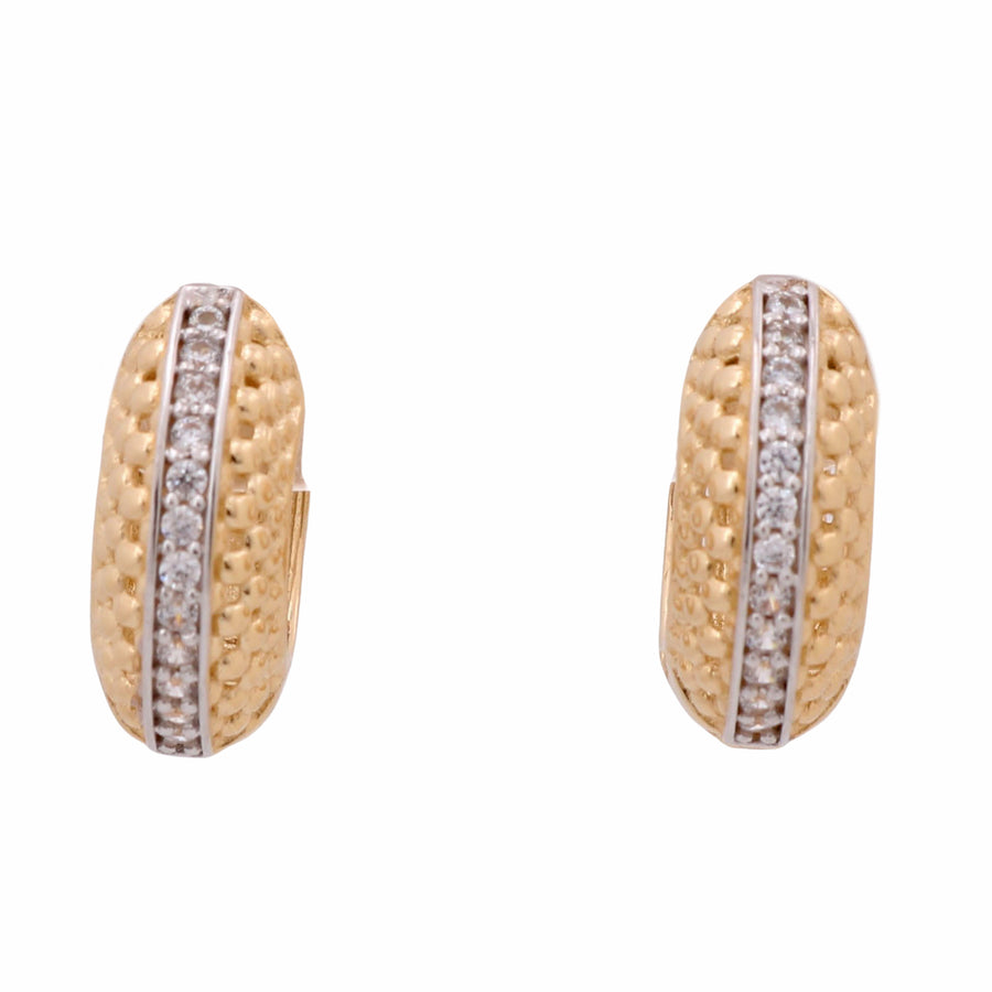 A pair of 14K Yellow and White Gold Hoop Earrings With Cz by Miral Jewelry with diamonds.