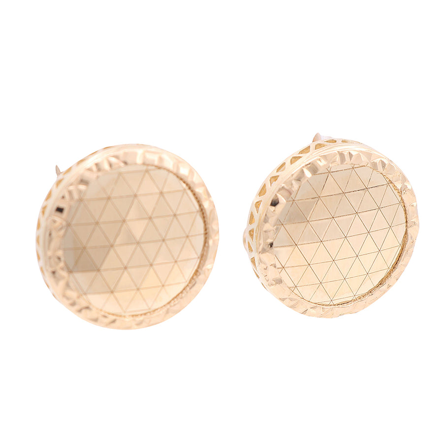 Miral Jewelry's 14K Yellow Gold Round Earrings with Geometric Designs.