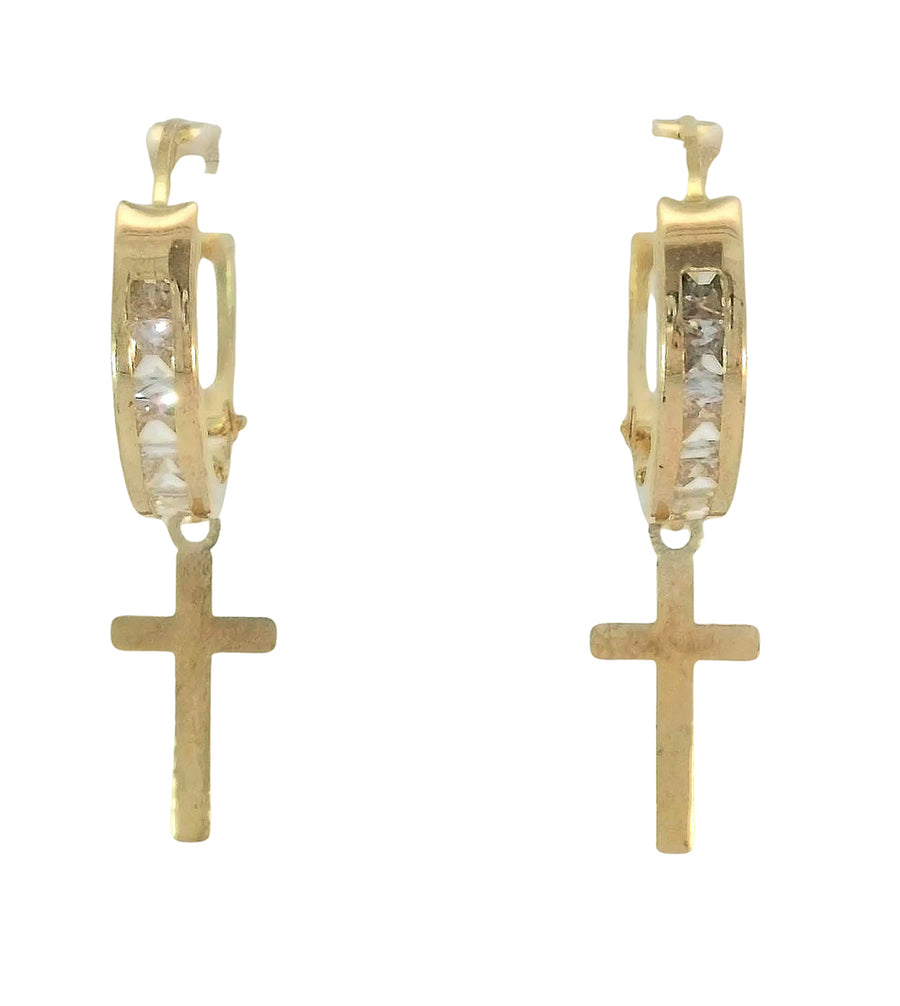 A pair of Miral Jewelry 10K Yellow Gold Hoop with Cross Earrings, embellished with sparkling diamonds.