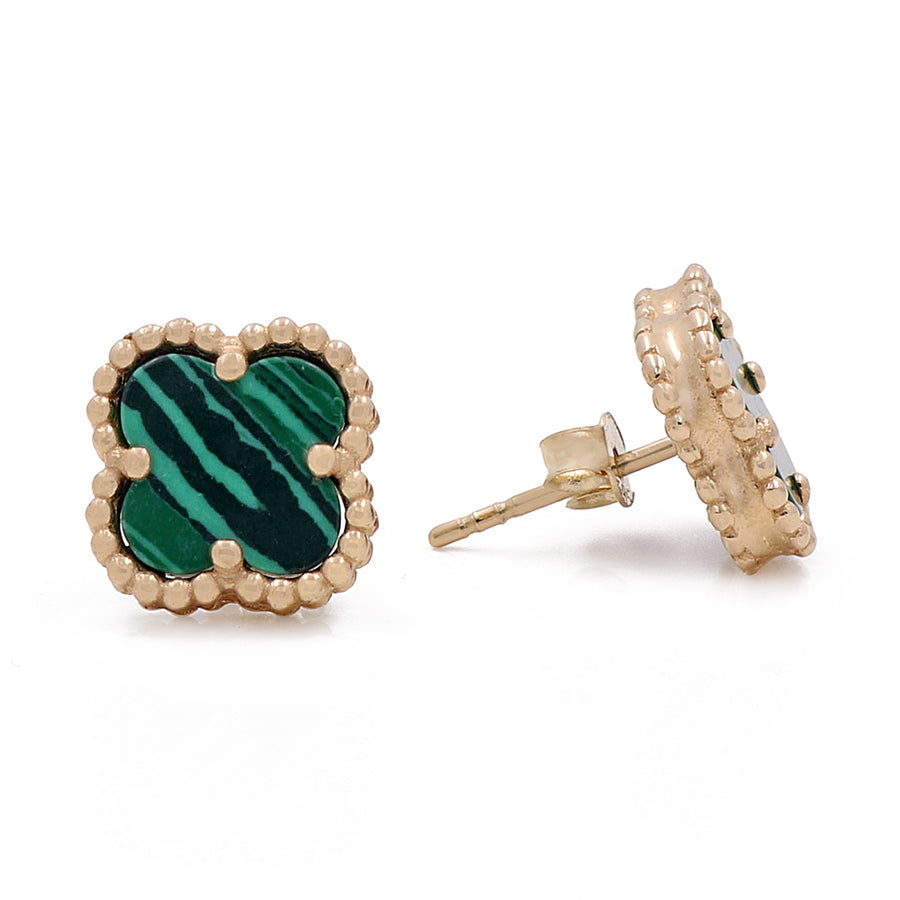 Stylish pair of green and gold stud earrings featuring Miral Jewelry's 14K Yellow Gold Fashion Flower Women's Green Stones Earrings.