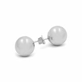 A pair of Miral Jewelry 14K White Gold Pearl Button Women's Earrings with butterfly backs on a white background.
