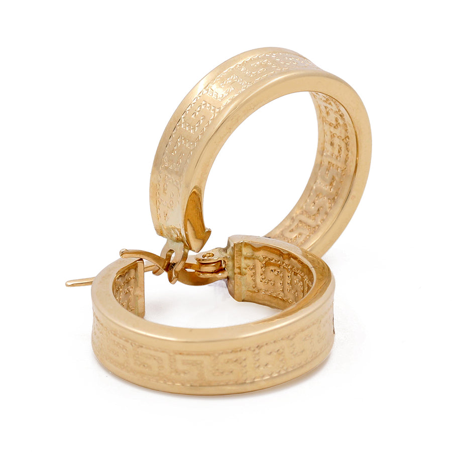 A pair of Miral Jewelry 14K yellow gold fashion women's hoop earrings with a patterned design on a white background.